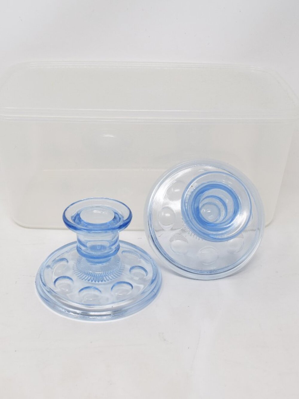 2 Imperial Ice Blue Old English Candlestick Holders Glass Thumbprint Olive Dots